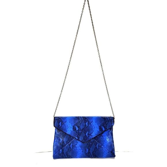 Lily & Ivy Purse Blue Snakeskin Envelope Clutch with Chain-link Shoulder Strap - Picture 2 of 8